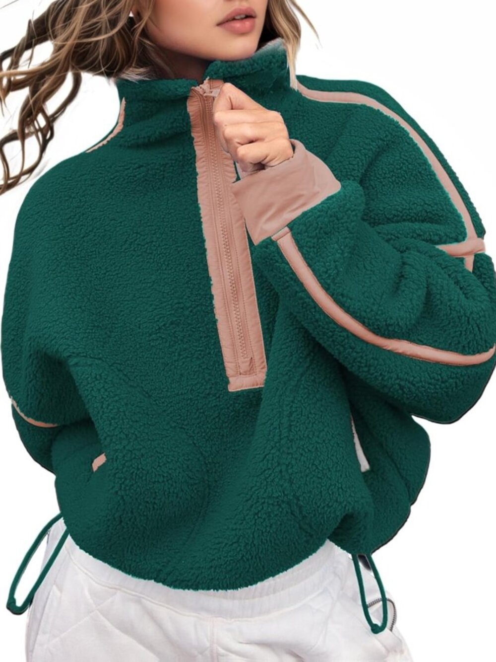 Cozy Oversized Fleece Half Zip Pullover Hoodie with Pocket - Women's Crop